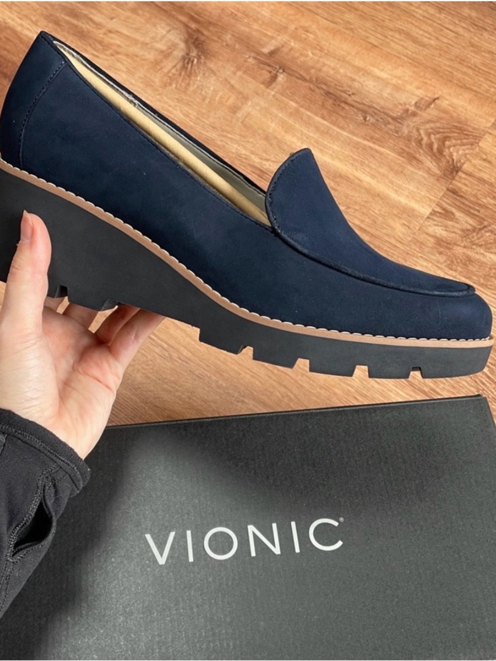 Vionic Ava Wedges Shoes Heels Navy Suede 9.5 Wide New With Box Career Comfort #